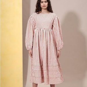 GHOSPELL SUNRISE CHECK OVERSIZED MIDI DRESS - IVORY AND RED